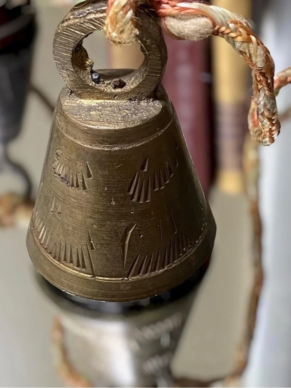 Vintage Brass Bells Of Sarna Etched Leaf Set Of 5 Original Cord